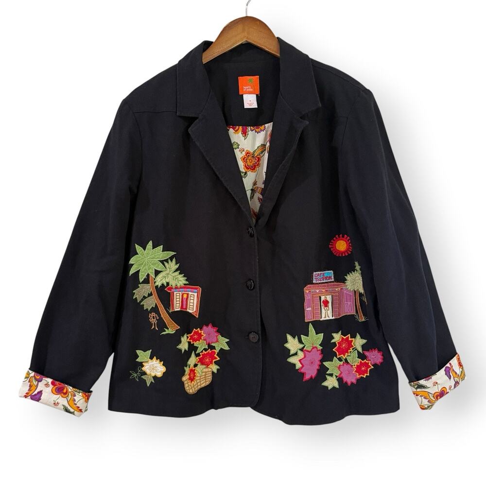 Hearts of Palm Embroidered Jacket Womens 18 Black Tropical Floral Blazer Cotton